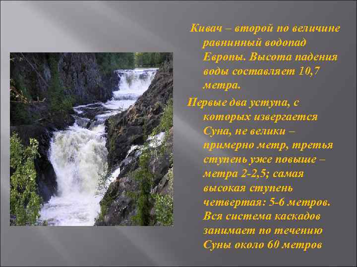 Второй по величине водопад в европе. Кивач климат презентация. Водопад Кивач широта и долгота. Водопады Кивач особенности легенды характеристика. Водопад Егора.