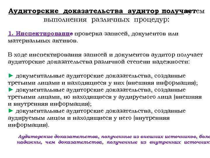 Аудиторские доказательства аудитор получает путем выполнения различных процедур: 1. Инспектирование проверка записей, документов или