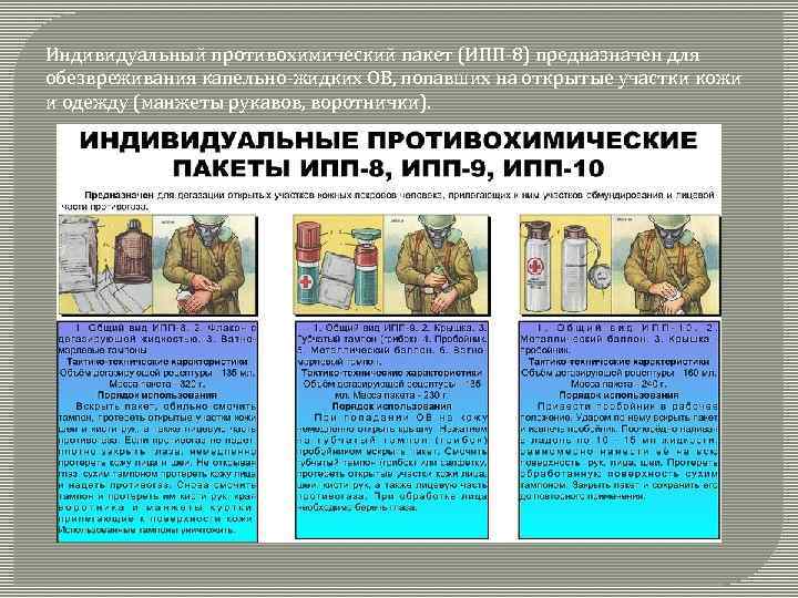 Индивидуальный противохимический пакет (ИПП-8) предназначен для обезвреживания капельно-жидких ОВ, попавших на открытые участки кожи