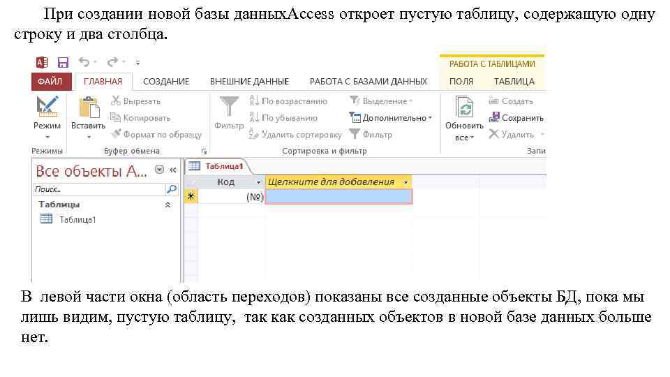 При создании новой базы данных. Access откроет пустую таблицу, содержащую одну строку и два