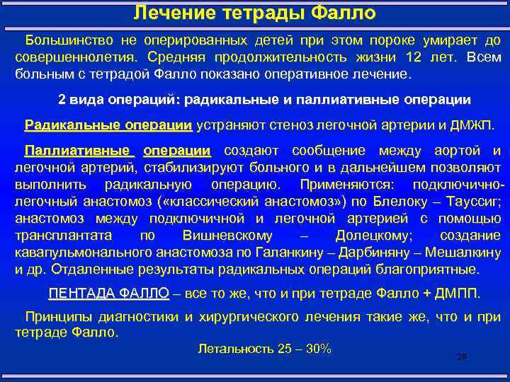 Лечение тетрады Фалло Большинство не оперированных детей при этом пороке умирает до совершеннолетия. Средняя