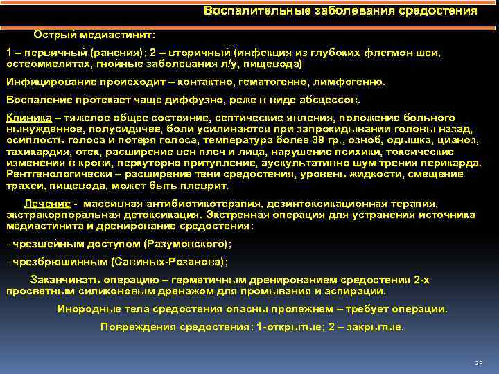 Воспалительные заболевания средостения Острый медиастинит: 1 – первичный (ранения); 2 – вторичный (инфекция из