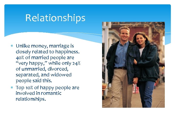 Relationships Unlike money, marriage is closely related to happiness. 40% of married people are