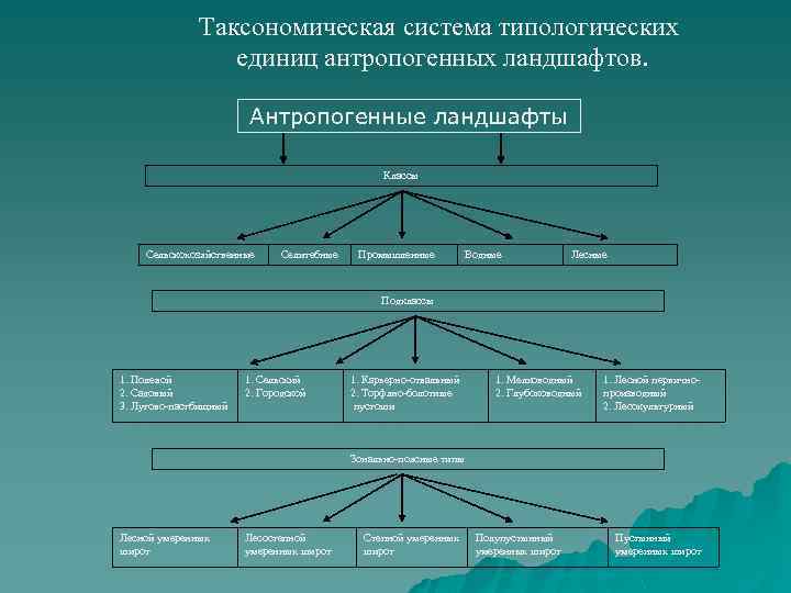 Таксономическая система типологических единиц антропогенных ландшафтов. Антропогенные ландшафты Классы Сельскохозяйственные Селитебные Промышленные Водные Лесные