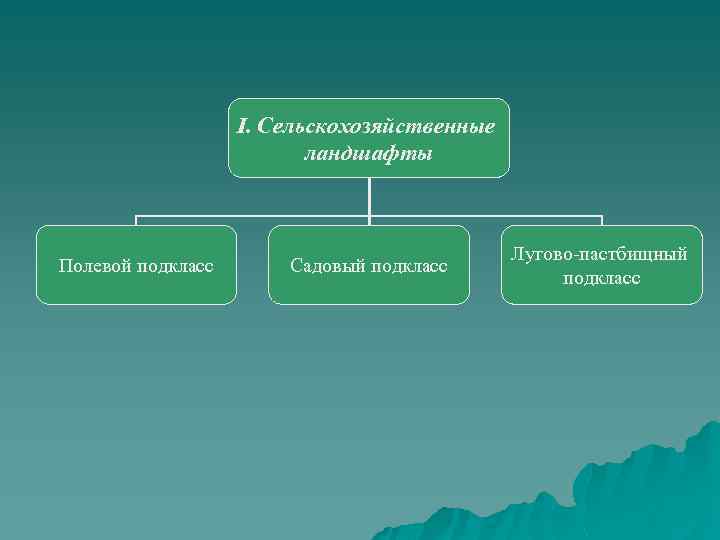 I. Сельскохозяйственные ландшафты Полевой подкласс Садовый подкласс Лугово-пастбищный подкласс 