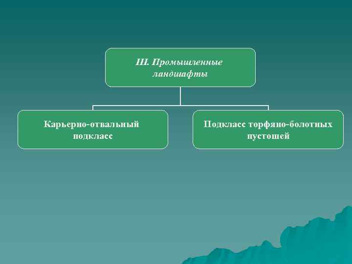 III. Промышленные ландшафты Карьерно-отвальный подкласс Подкласс торфяно-болотных пустошей 