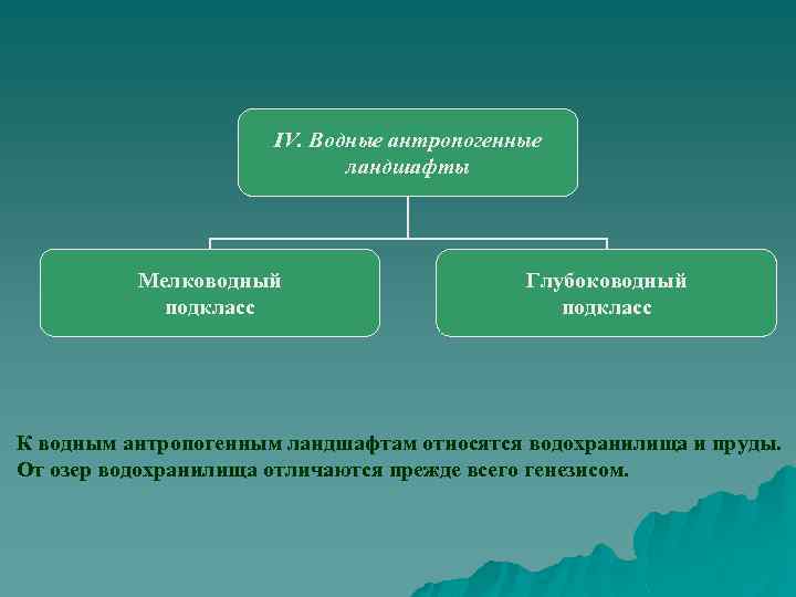 IV. Водные антропогенные ландшафты Мелководный подкласс Глубоководный подкласс К водным антропогенным ландшафтам относятся водохранилища