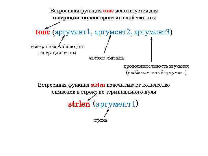 Встроенная функция tone используется для генерации звуков произвольной частоты tone (аргумент1, аргумент2, аргумент3) номер