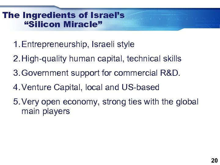 The Ingredients of Israel’s “Silicon Miracle” 1. Entrepreneurship, Israeli style 2. High-quality human capital,