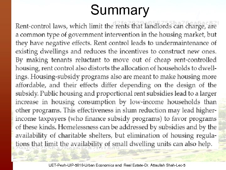 Summary UET-Pesh-UIP-5818 -Urban Economics and Real Estate-Dr. Attaullah Shah-Lec-5 