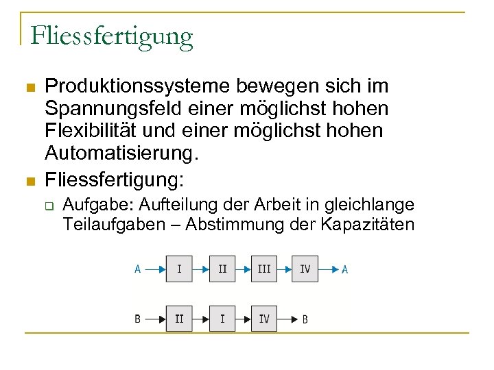 Fliessfertigung n n Produktionssysteme bewegen sich im Spannungsfeld einer möglichst hohen Flexibilität und einer