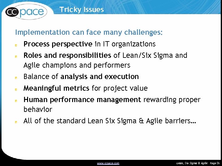 Tricky Issues Implementation can face many challenges: Process perspective in IT organizations Roles and