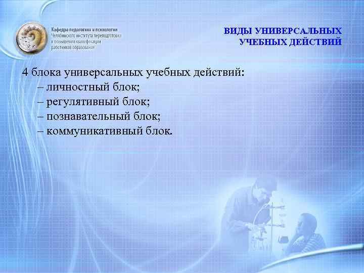 ВИДЫ УНИВЕРСАЛЬНЫХ УЧЕБНЫХ ДЕЙСТВИЙ 4 блока универсальных учебных действий: – личностный блок; – регулятивный