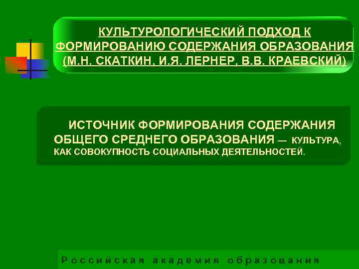 КУЛЬТУРОЛОГИЧЕСКИЙ ПОДХОД К ФОРМИРОВАНИЮ СОДЕРЖАНИЯ ОБРАЗОВАНИЯ (М. Н. СКАТКИН, И. Я. ЛЕРНЕР, В. В.