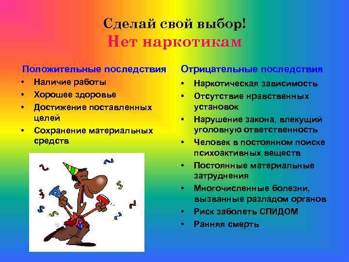Сделай свой выбор! Нет наркотикам Положительные последствия Отрицательные последствия • • • Наличие работы