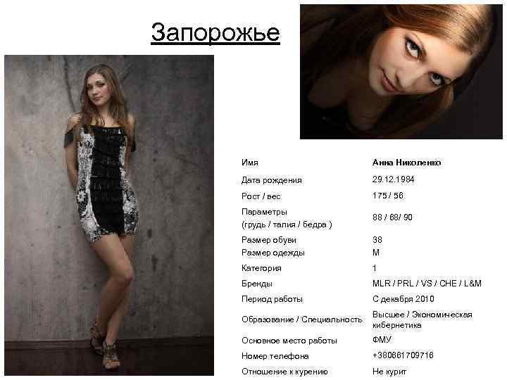 Запорожье Имя Анна Николенко Дата рождения 29. 12. 1984 Рост / вес 175 /