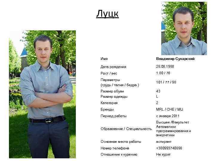 Луцк Имя Владимир Сухарский Дата рождения 28. 08. 1988 Рост / вес 1. 80