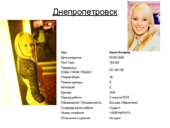 Днепропетровск • Фото в полный рост Фото лицо Имя Настя Котивец Дата рождения 03.