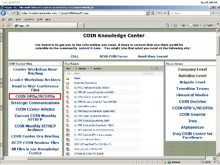 UNCLASSIFIED US Army Combined Arms Center As of 8 JAN 09 14 