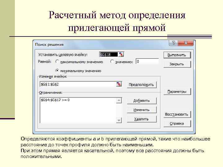 Расчетный метод определения прилегающей прямой Определяются коэффициенты a и b прилегающей прямой, такие что