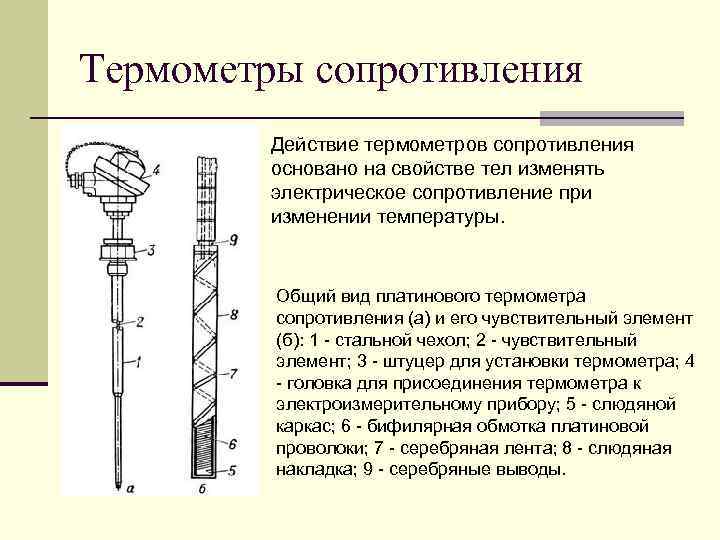 Термометры сопротивления Действие термометров сопротивления основано на свойстве тел изменять электрическое сопротивление при изменении