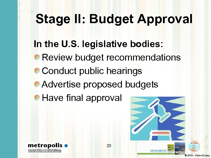 Stage II: Budget Approval In the U. S. legislative bodies: Review budget recommendations Conduct