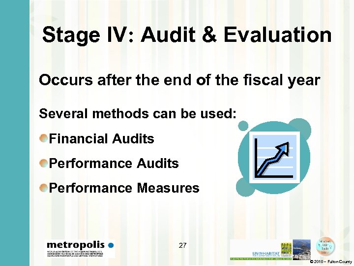 Stage IV: Audit & Evaluation Occurs after the end of the fiscal year Several