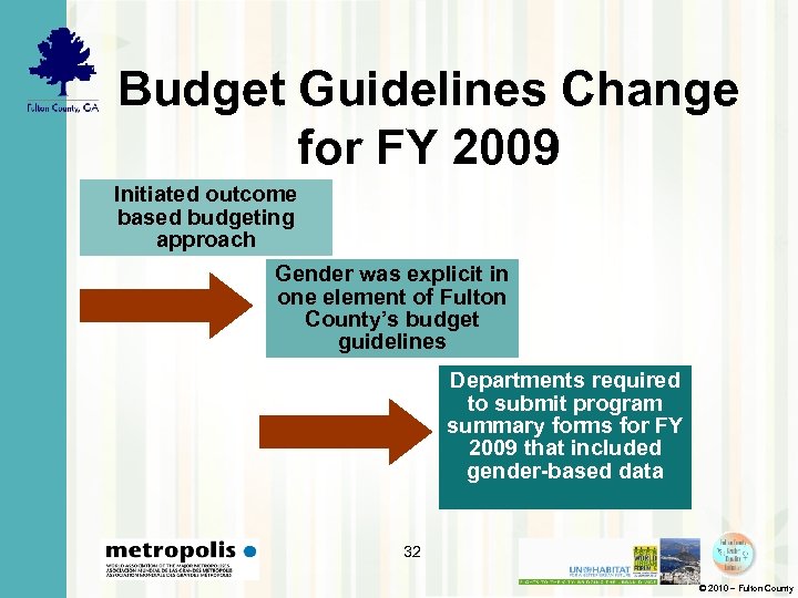 Budget Guidelines Change for FY 2009 Initiated outcome based budgeting approach Gender was explicit