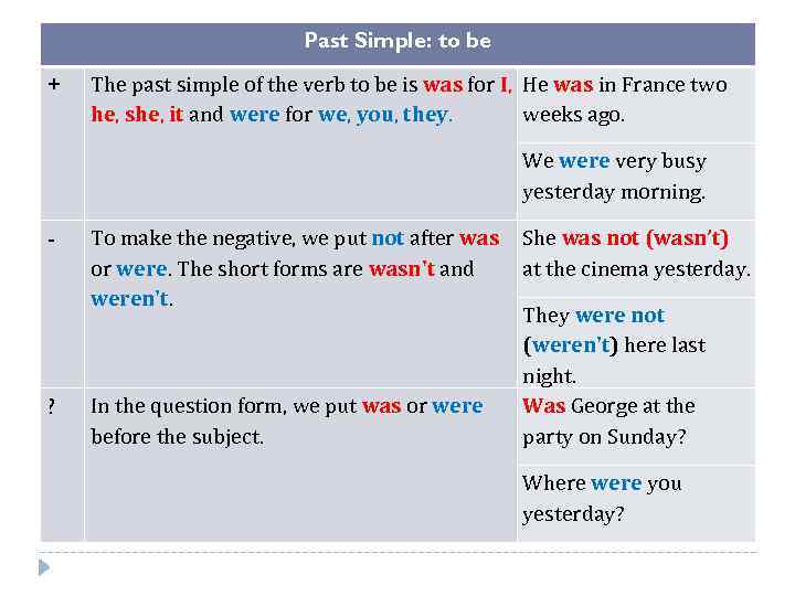 Past Simple: to be + The past simple of the verb to be is