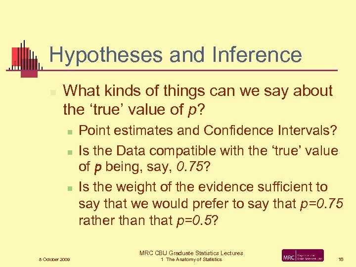 Hypotheses and Inference n What kinds of things can we say about the ‘true’