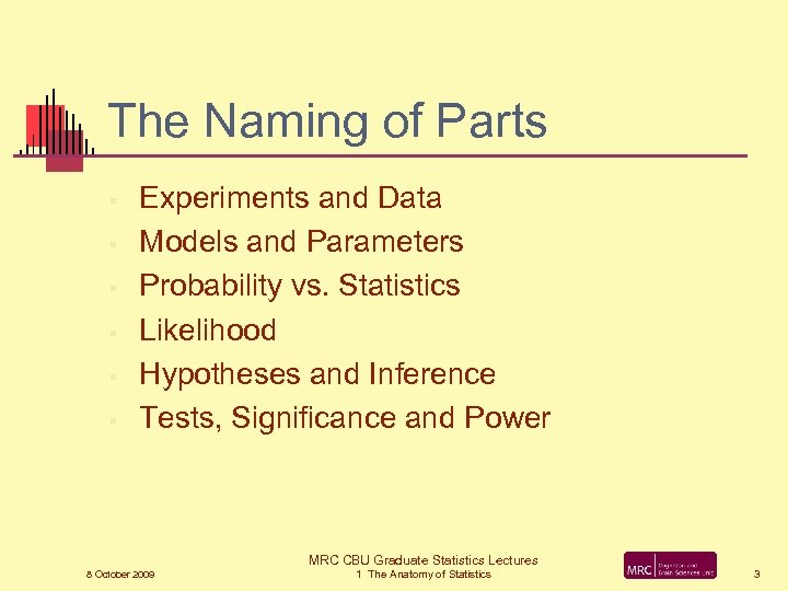 The Naming of Parts § § § Experiments and Data Models and Parameters Probability
