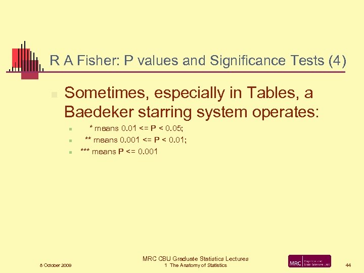R A Fisher: P values and Significance Tests (4) n Sometimes, especially in Tables,