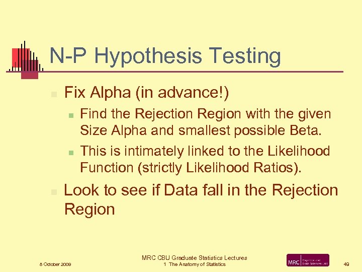 N-P Hypothesis Testing n Fix Alpha (in advance!) n n n Find the Rejection