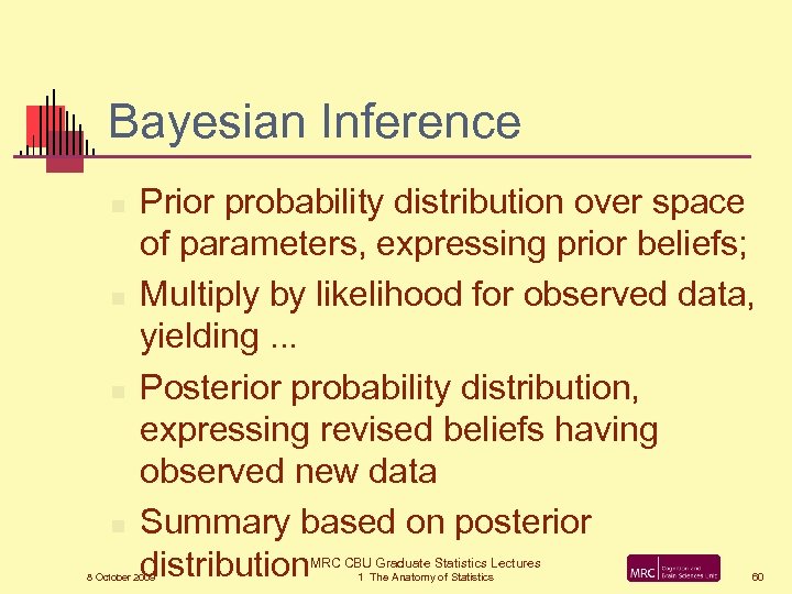 Bayesian Inference n n Prior probability distribution over space of parameters, expressing prior beliefs;
