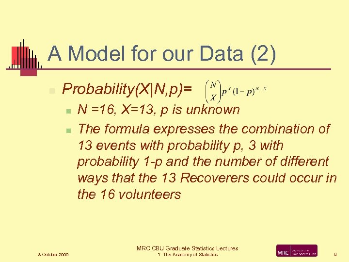 A Model for our Data (2) n Probability(X|N, p)= n n N =16, X=13,