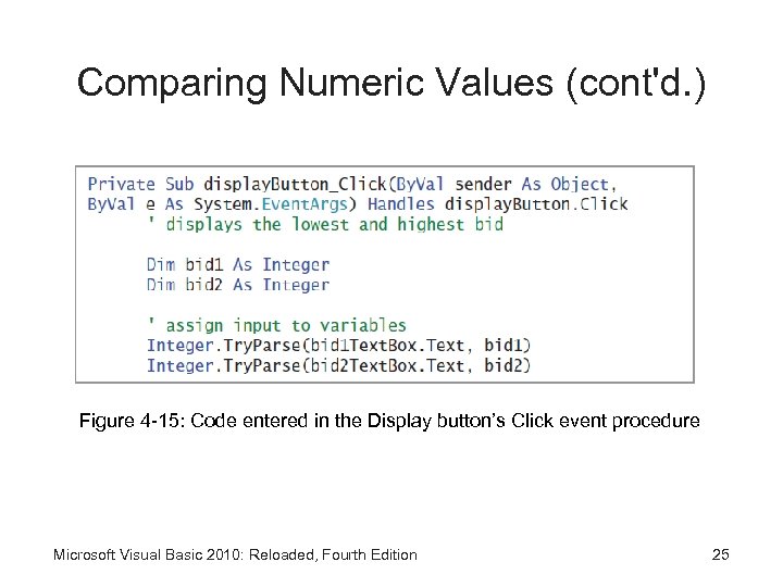 Comparing Numeric Values (cont'd. ) Figure 4 -15: Code entered in the Display button’s