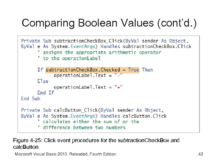 Comparing Boolean Values (cont’d. ) Figure 4 -25: Click event procedures for the subtraction.