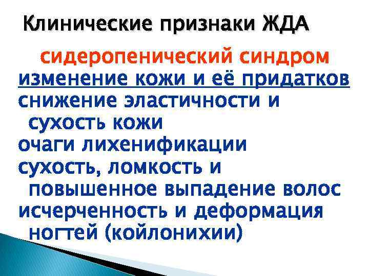 Клинические признаки ЖДА сидеропенический синдром изменение кожи и её придатков снижение эластичности и сухость