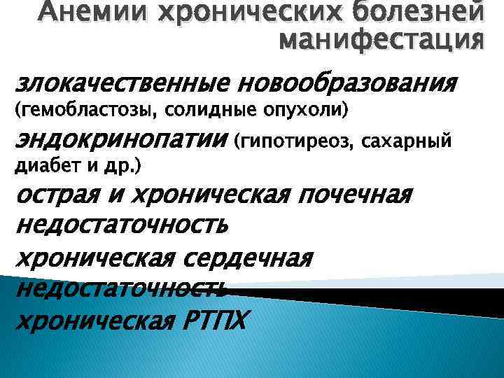 Анемии хронических болезней манифестация злокачественные новообразования (гемобластозы, солидные опухоли) эндокринопатии диабет и др. )