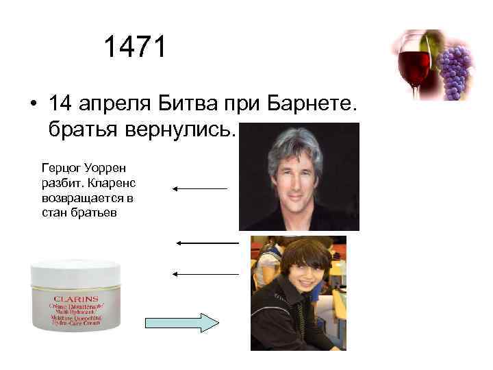 1471 • 14 апреля Битва при Барнете. братья вернулись. Герцог Уоррен разбит. Кларенс возвращается
