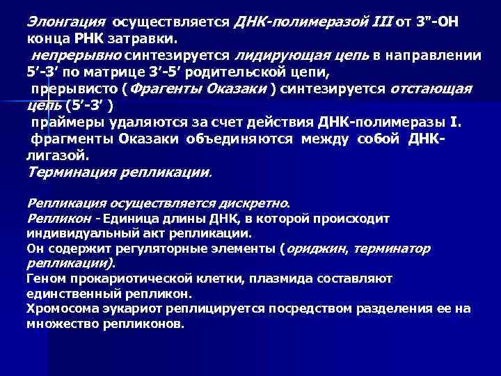 Элонгация осуществляется ДНК-полимеразой III от 3"-ОН конца РНК затравки. непрерывно синтезируется лидирующая цепь в