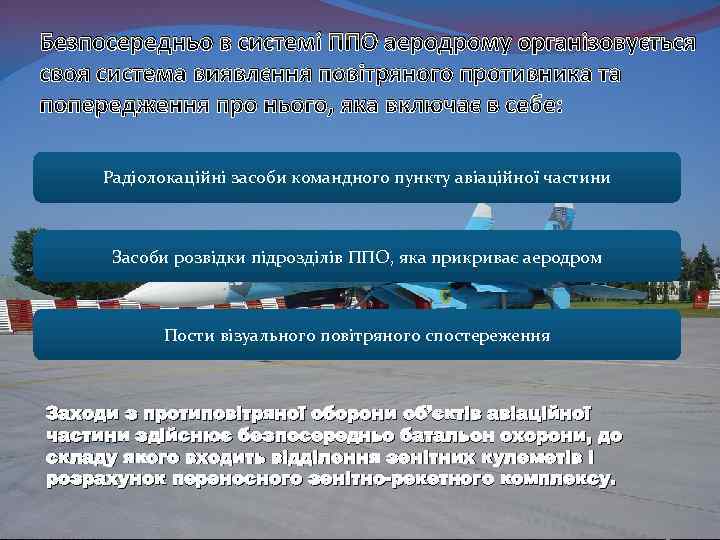 Безпосередньо в системі ППО аеродрому організовується своя система виявлєння повітряного противника та попередження про