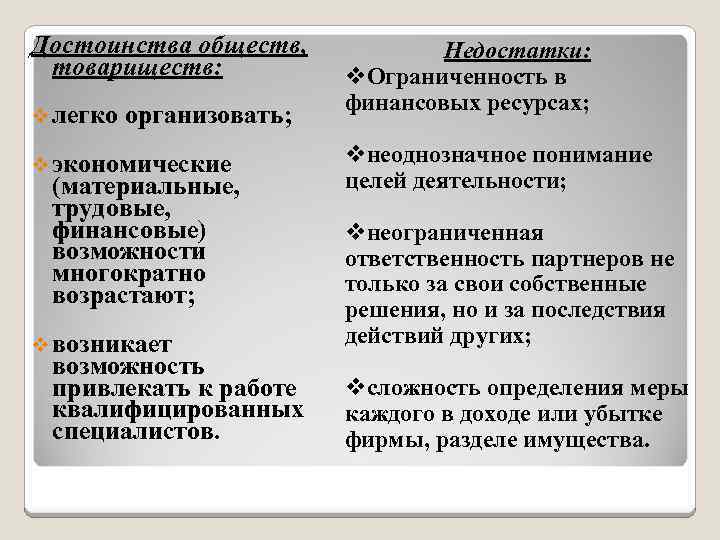 Достоинства обществ, товариществ: v легко организовать; v экономические (материальные, трудовые, финансовые) возможности многократно возрастают;