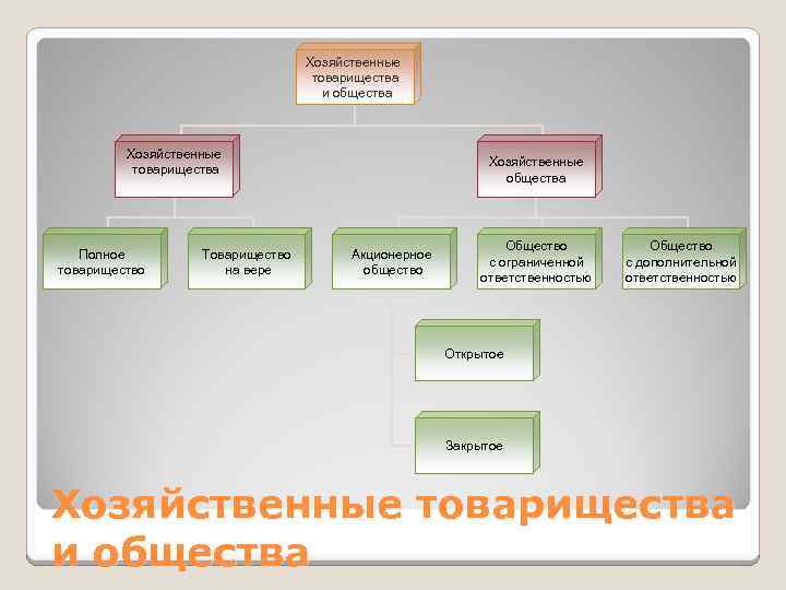 Хозяйственные товарищества и общества Хозяйственные товарищества Полное товарищество Товарищество на вере Хозяйственные общества Акционерное