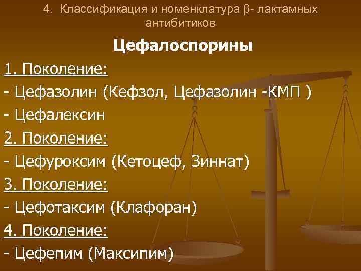 4. Классификация и номенклатура - лактамных антибитиков Цефалоспорины 1. Поколение: - Цефазолин (Кефзол, Цефазолин