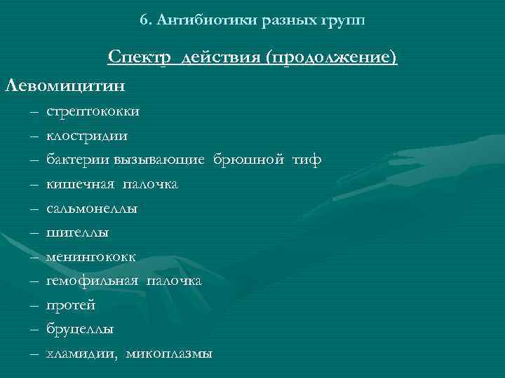 6. Антибиотики разных групп Спектр действия (продолжение) Левомицитин – – – стрептококки клостридии бактерии