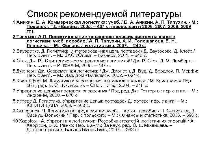 Список рекомендуемой литературы 1 Аникин, Б. А. Коммерческая логистика: учеб. / Б. А. Аникин,