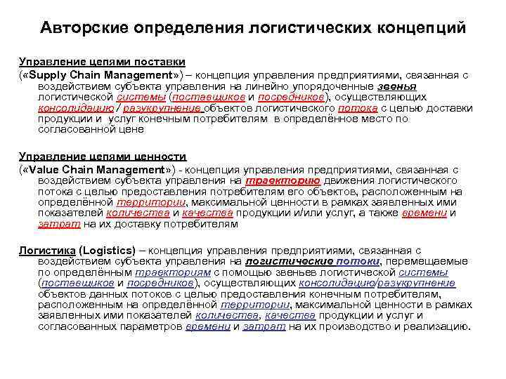 Авторские определения логистических концепций Управление цепями поставки ( «Supply Chain Management» ) – концепция