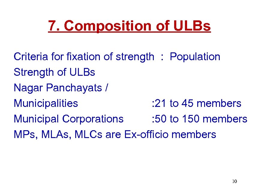 7. Composition of ULBs Criteria for fixation of strength : Population Strength of ULBs