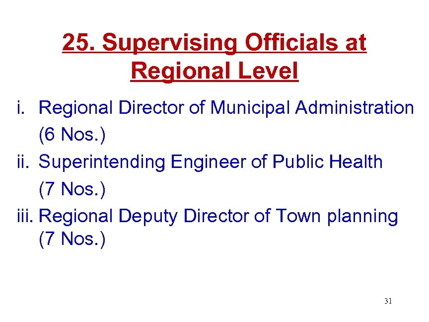 25. Supervising Officials at Regional Level i. Regional Director of Municipal Administration (6 Nos.